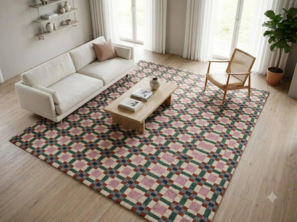 Pastel Pink & Green Checkered Rug, Modern Geometric Grid Living Room Carpet