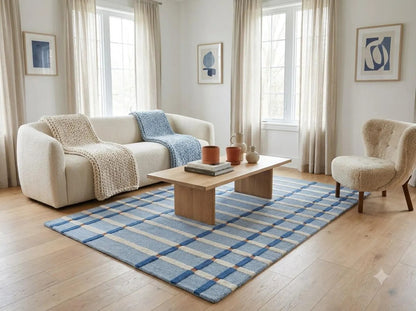 Powder Blue & Ivory Tartan Carpet, Aesthetic Coastal Checkered Tufted Rug for Living Room