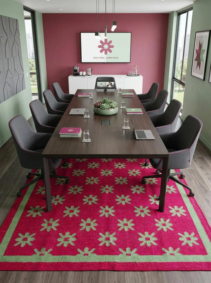 Berry Playful Blossom Vibrant Hot Pink & Mint Green Cotton Wool Dhurrie
