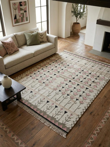Pastel Tulip Meadow Modern Pink & Grey Botanical Wool Cotton Dhurrie Rug