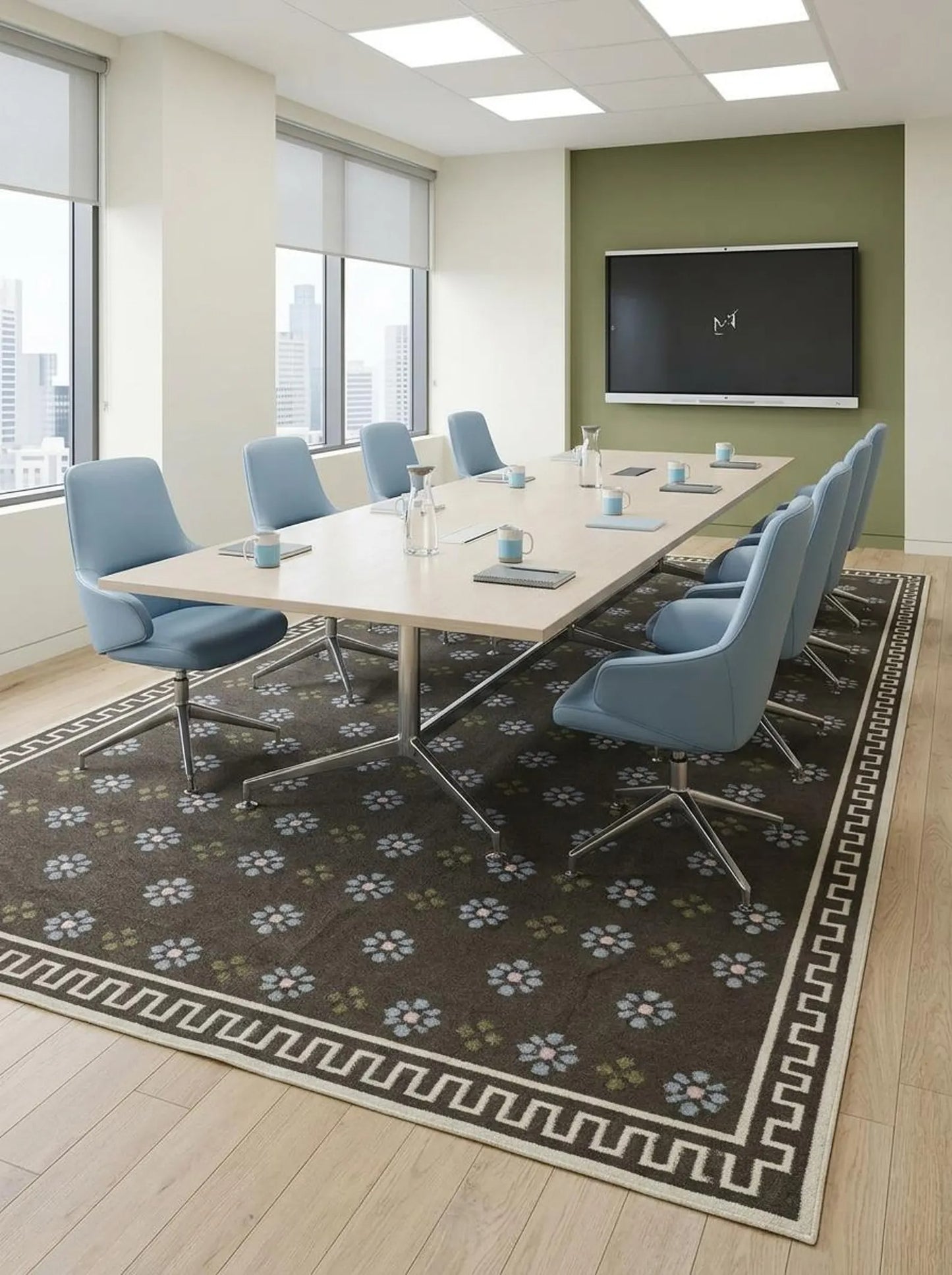 Charcoal Greek Rosette Premium Black & Cream Wool Cotton Dhurrie Rug