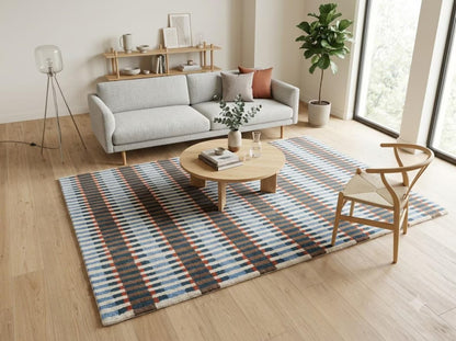 Bauhaus Barcode Hand-Tufted Wool Rug Navy Blue Terracotta & Cream Linear Block Carpet