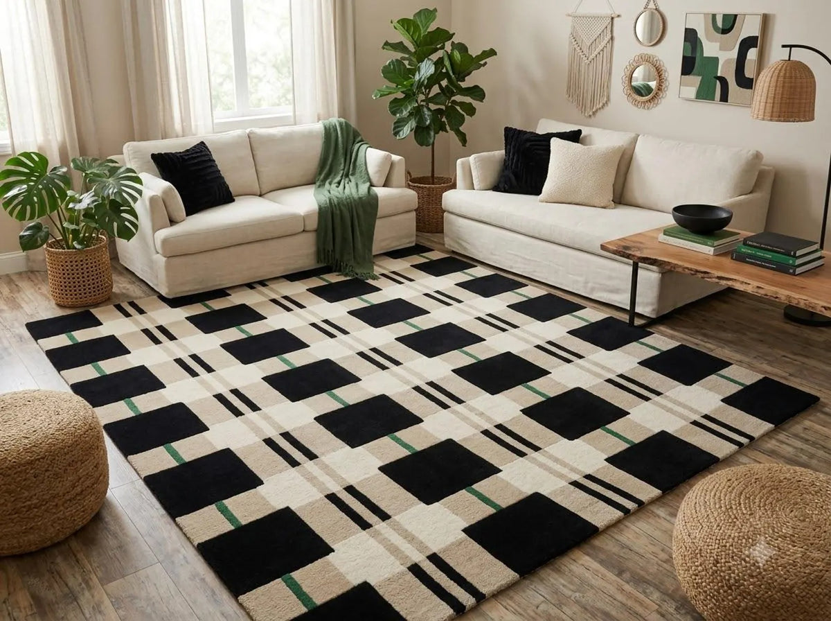 Monochrome Black & Beige Grid Tufted Carpet, Minimalist Plaid Living Room Floor Rug