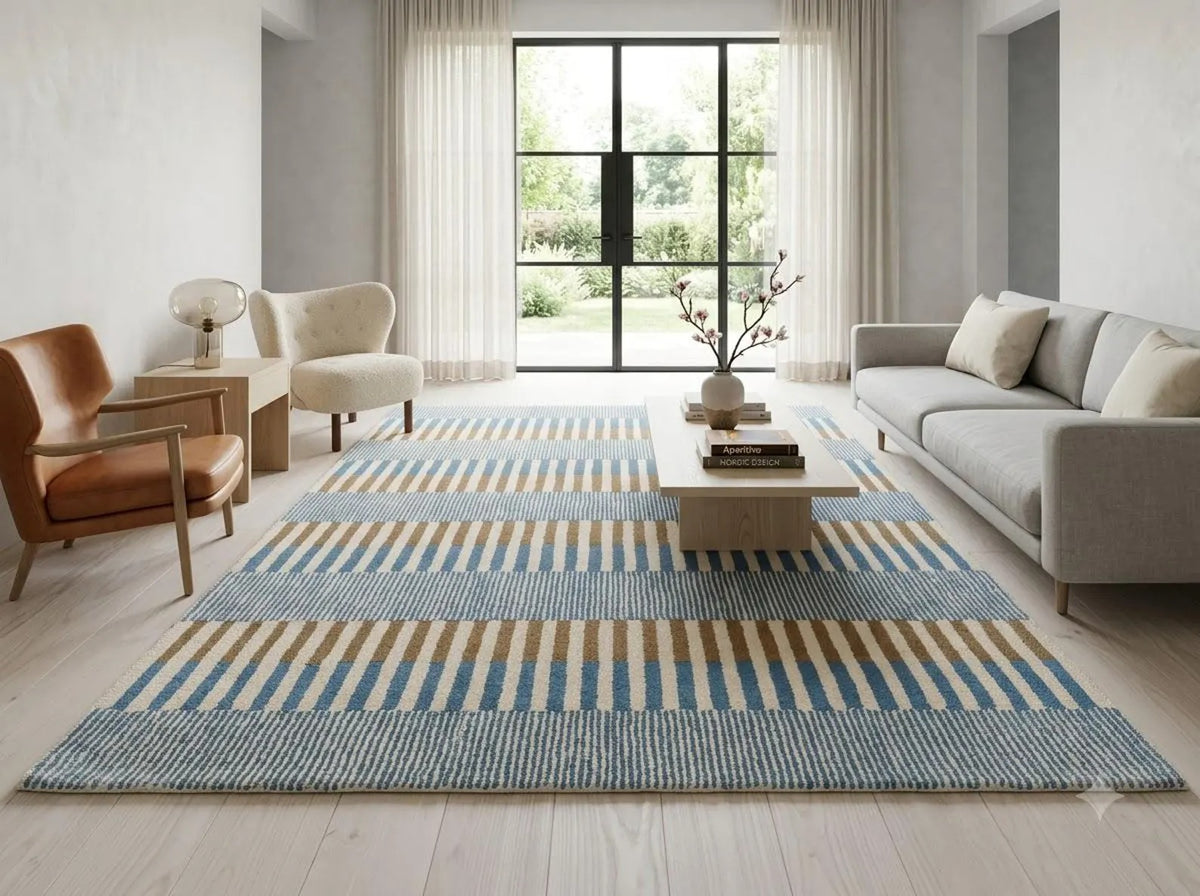 Coastal Horizon Hand-Tufted Wool Rug - Light Blue, Caramel & Cream Block Striped Carpet