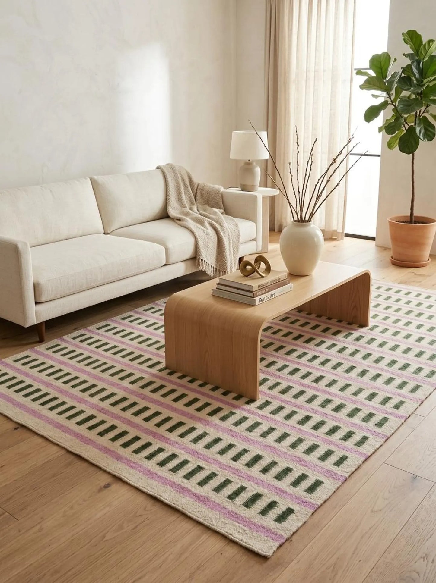 Nordic Candy Stripe Modern Pink & Moss Green Wool Cotton Dhurrie Rug