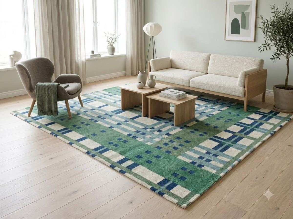 Emerald Green, Slate Blue & Cream Geometric Plaid Carpet, Luxury Contemporary Living Room Wool Rug