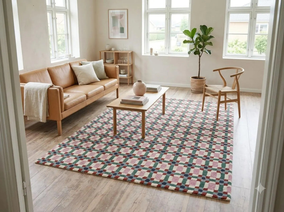 Pastel Pink & Green Checkered Rug, Modern Geometric Grid Living Room Carpet