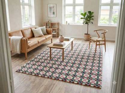 Pastel Pink & Green Checkered Rug, Modern Geometric Grid Living Room Carpet