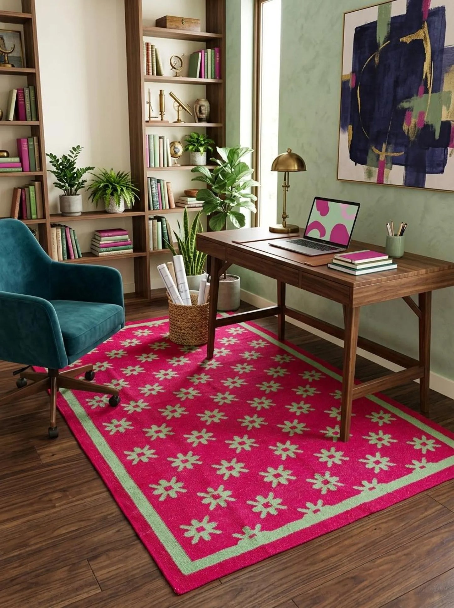 Berry Playful Blossom Vibrant Hot Pink & Mint Green Cotton Wool Dhurrie