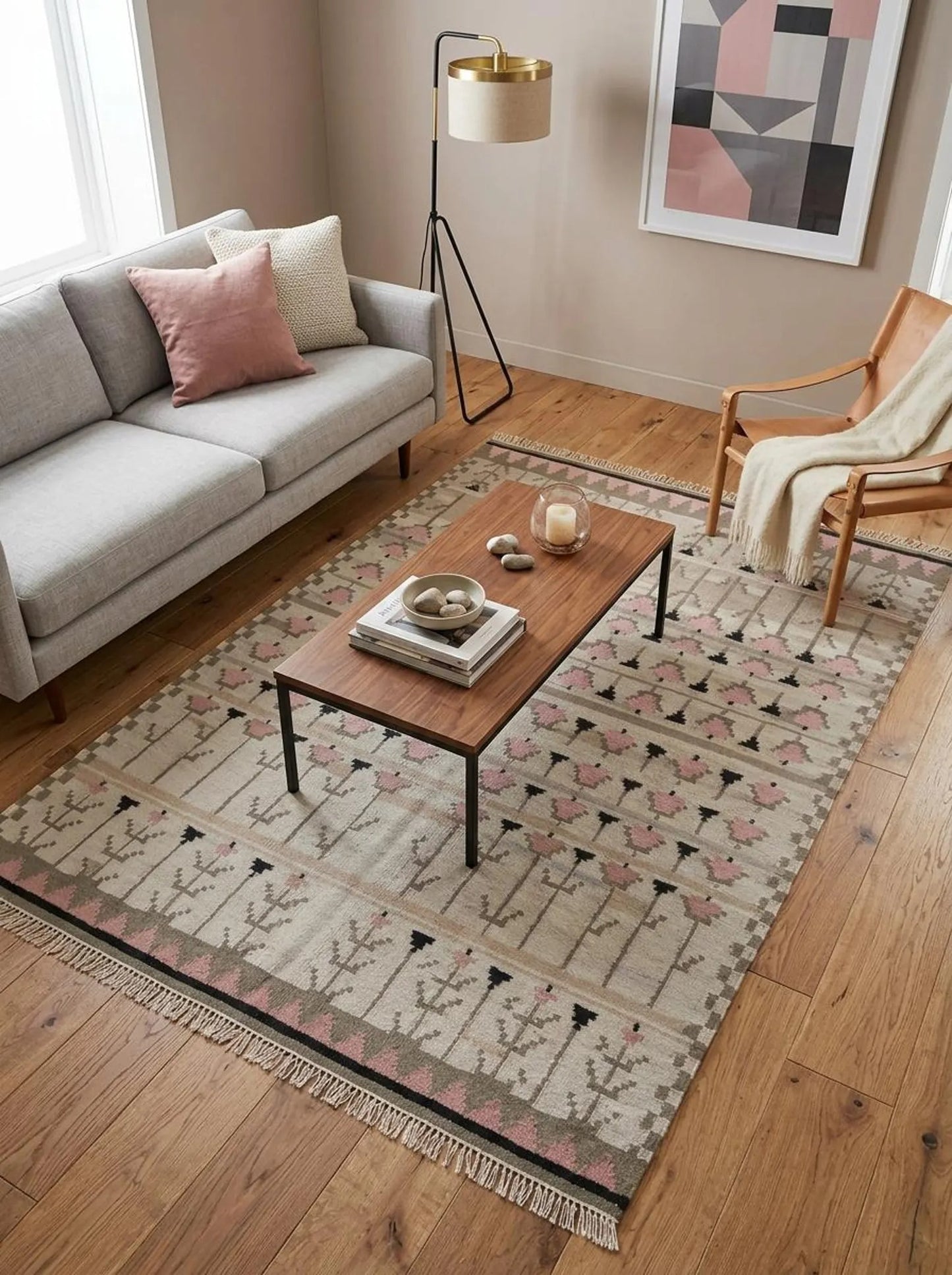 Pastel Tulip Meadow Modern Pink & Grey Botanical Wool Cotton Dhurrie Rug