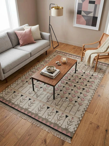 Pastel Tulip Meadow Modern Pink & Grey Botanical Wool Cotton Dhurrie Rug