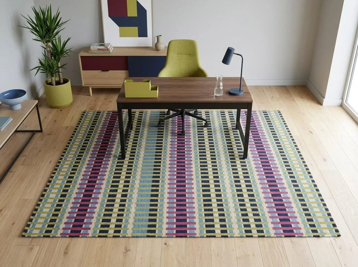 Magenta Pink & Lime Green Striped Tufted Carpet, Retro Geometric Living Room Floor Rug