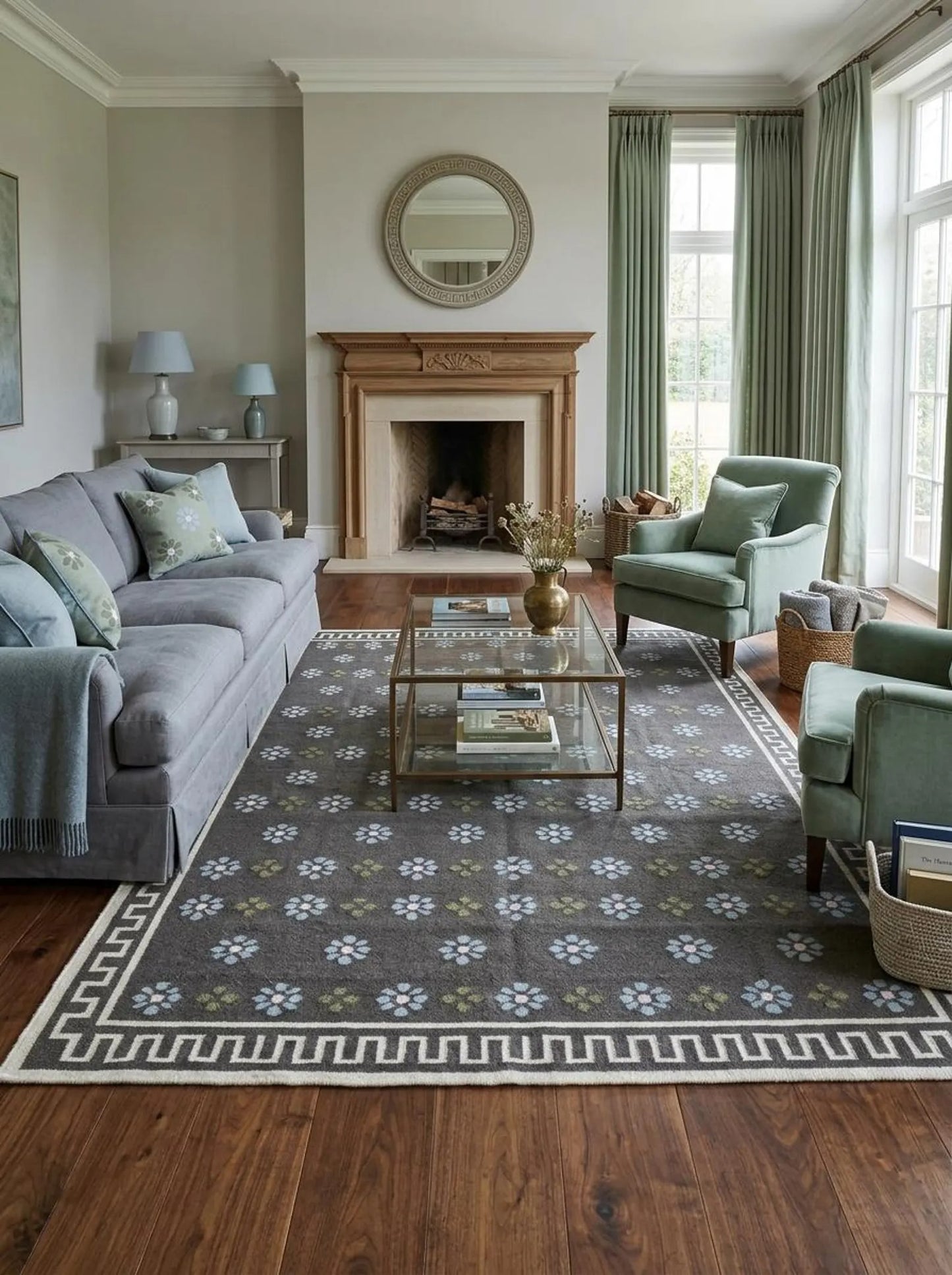 Charcoal Greek Rosette Premium Black & Cream Wool Cotton Dhurrie Rug