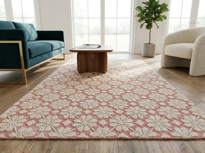 Pink Ivory Hand Tufted Wool Rug Contemporary Floral Living Room Rug | Bespoke Designer Wool Carpet