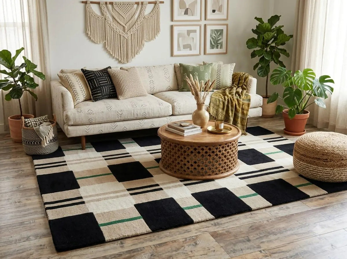 Monochrome Black & Beige Grid Tufted Carpet, Minimalist Plaid Living Room Floor Rug