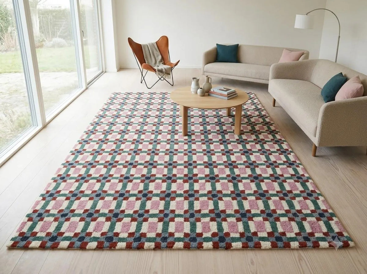 Pastel Pink & Green Checkered Rug, Modern Geometric Grid Living Room Carpet