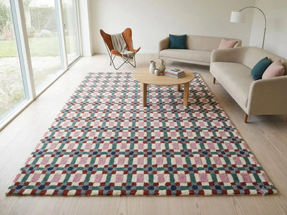 Pastel Pink & Green Checkered Rug, Modern Geometric Grid Living Room Carpet