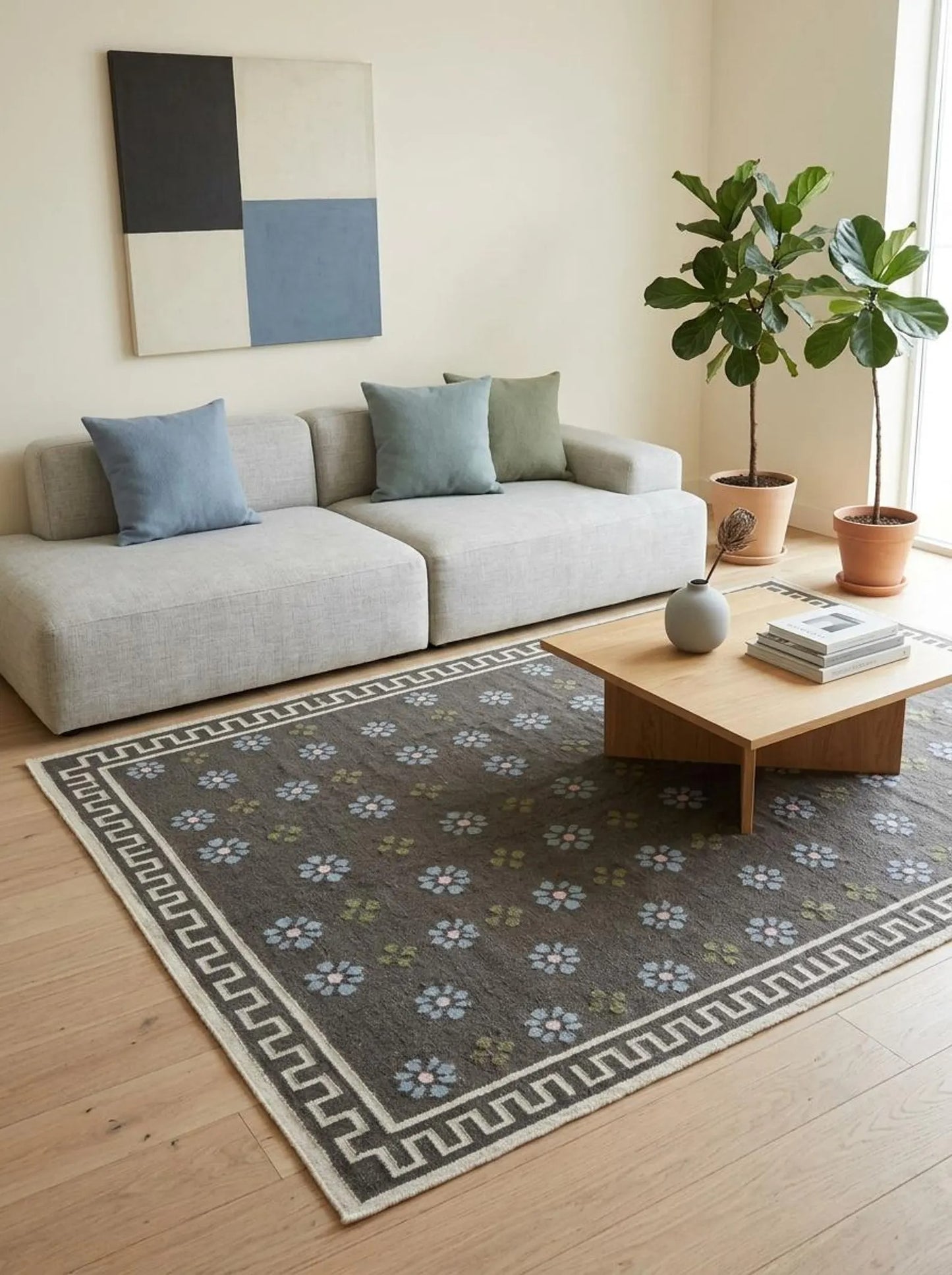 Charcoal Greek Rosette Premium Black & Cream Wool Cotton Dhurrie Rug