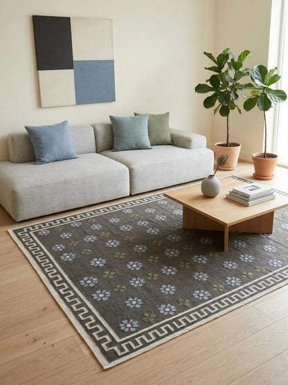 Charcoal Greek Rosette Premium Black & Cream Wool Cotton Dhurrie Rug