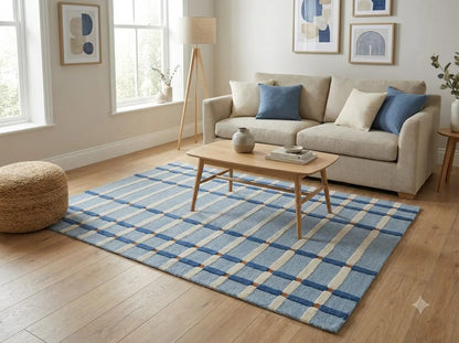 Powder Blue & Ivory Tartan Carpet, Aesthetic Coastal Checkered Tufted Rug for Living Room