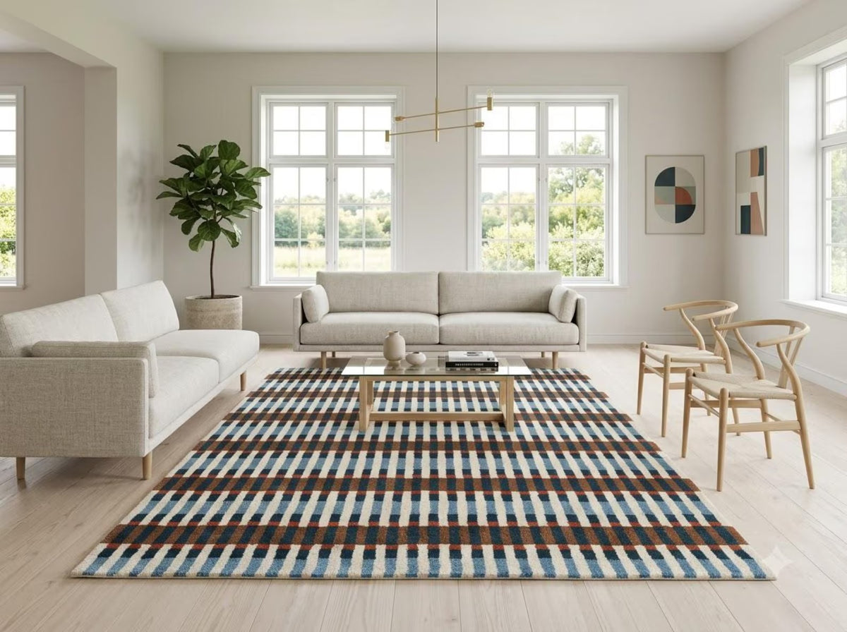 Bauhaus Barcode Hand-Tufted Wool Rug Navy Blue Terracotta & Cream Linear Block Carpet