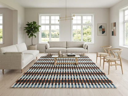 Bauhaus Barcode Hand-Tufted Wool Rug Navy Blue Terracotta & Cream Linear Block Carpet