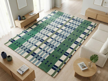 Emerald Green, Slate Blue & Cream Geometric Plaid Carpet, Luxury Contemporary Living Room Wool Rug