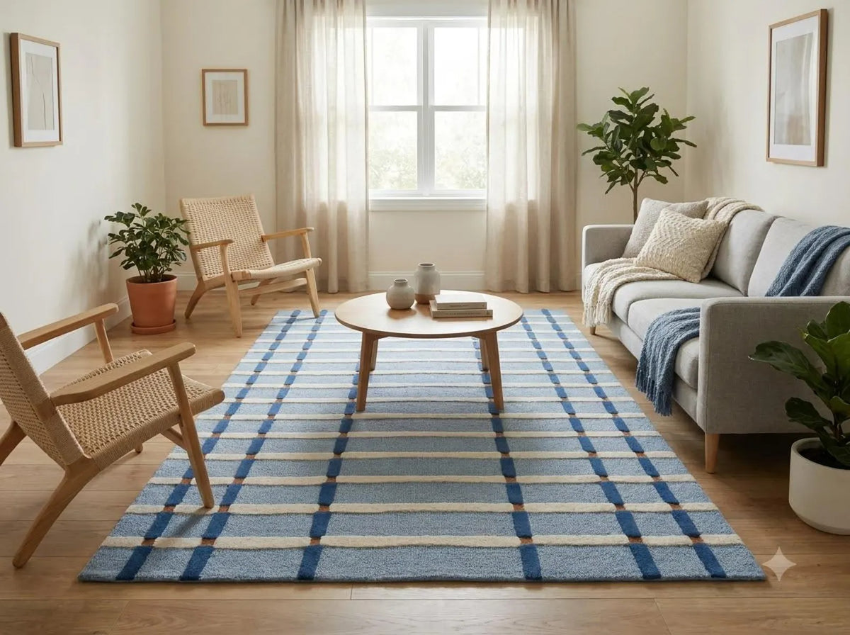 Powder Blue & Ivory Tartan Carpet, Aesthetic Coastal Checkered Tufted Rug for Living Room