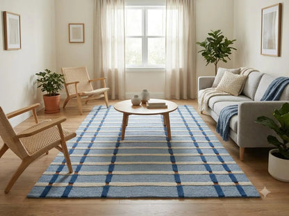 Powder Blue & Ivory Tartan Carpet, Aesthetic Coastal Checkered Tufted Rug for Living Room
