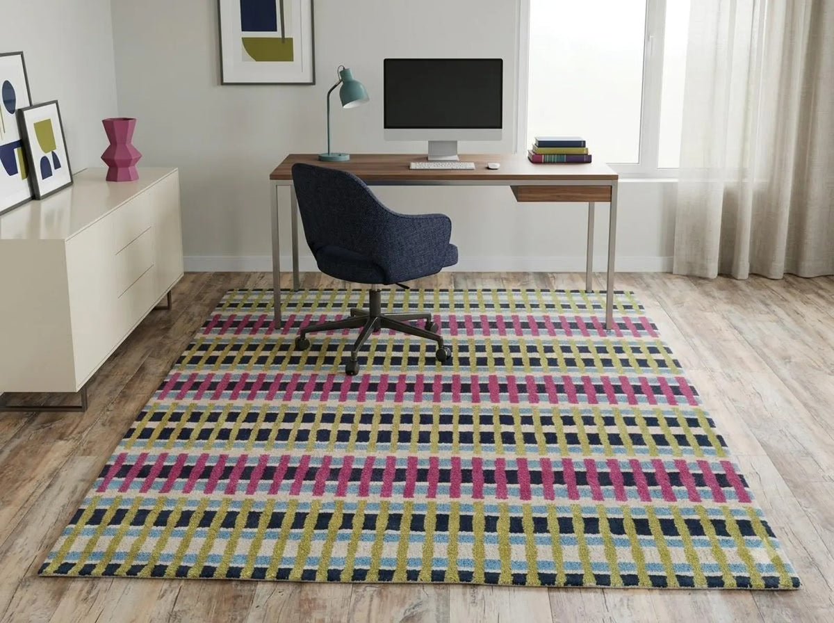 Magenta Pink & Lime Green Striped Tufted Carpet, Retro Geometric Living Room Floor Rug