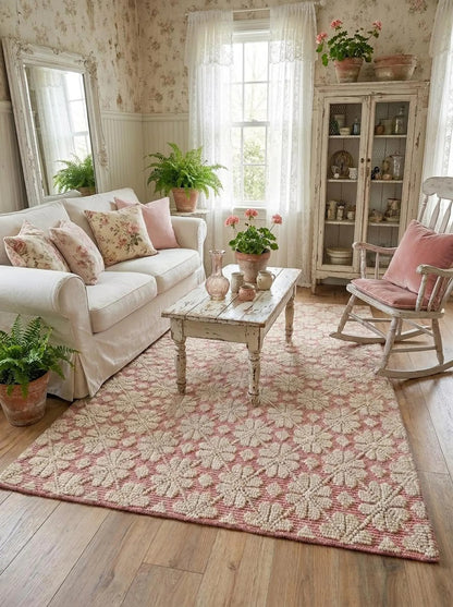 Pink Ivory Hand Tufted Wool Rug Contemporary Floral Living Room Rug | Bespoke Designer Wool Carpet