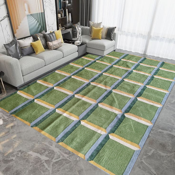 Green Panel Geometric  Wool Area Rug