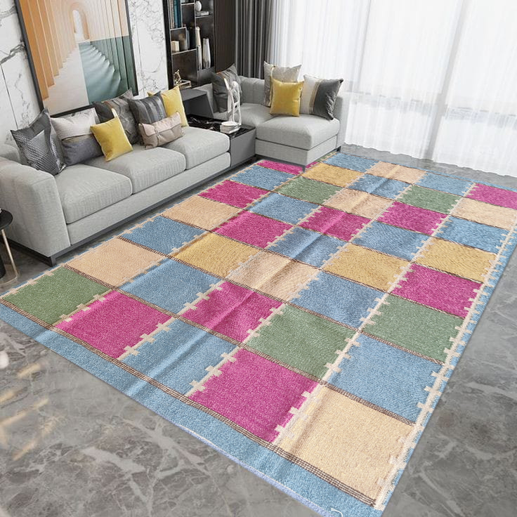 Modern Boho Living Room Rug, Colorful Checkered Rug