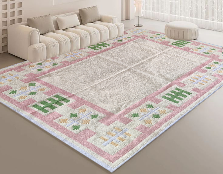 Modern  Pastel Geometric Border Wool Rug