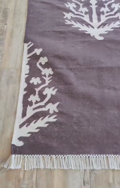 Charcoal & Ivory Botanical Buta cotton flat weave rug