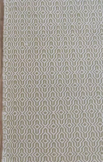 Olive Green Wool Rug Intricate Lattice Diamond Pattern