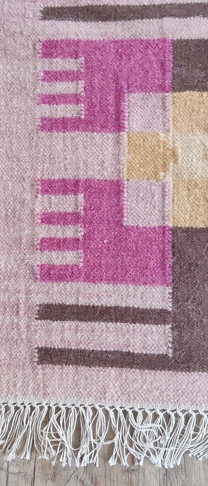 Blush Pink Floral Grid Wool Area Rug