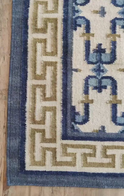 Navy Olive Patterned Dhurrie with Greek Key Border wool rug