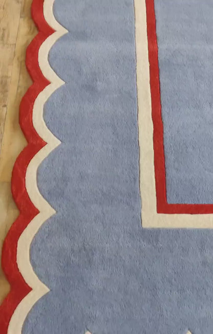 Blue Scalloped Modern Hand Tufted Wool Area Rug for Bedroom and Living Room