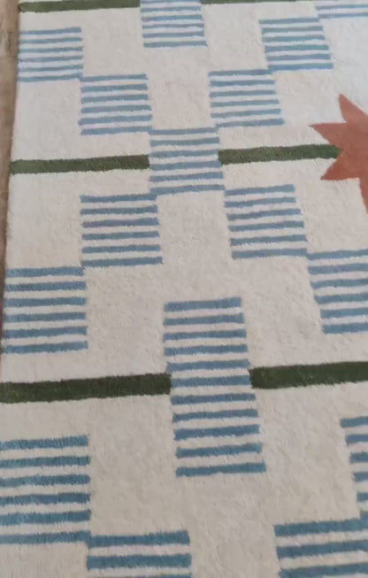 Celestial Star & Stripe Geometric Design Modern Blue and Terracotta Area Carpet