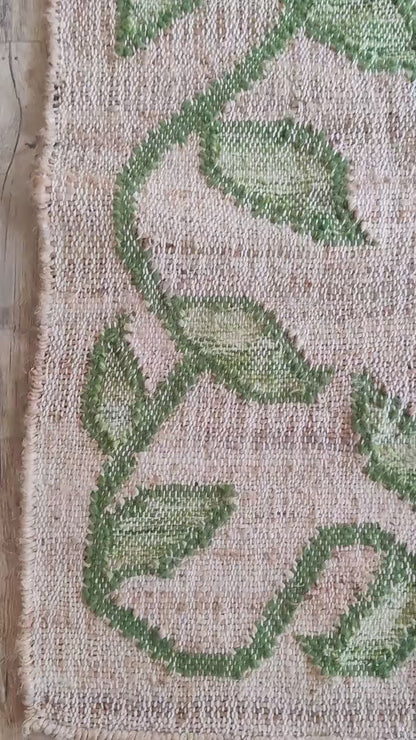 Green Leafy Vine Border Kilim Textured Natural Fiber Dhurrie