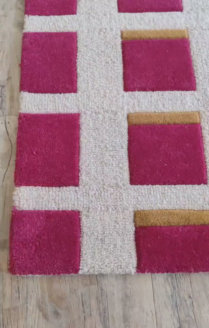 Magenta & Mustard Geometric Block Modern High-Low Textured Area Carpet