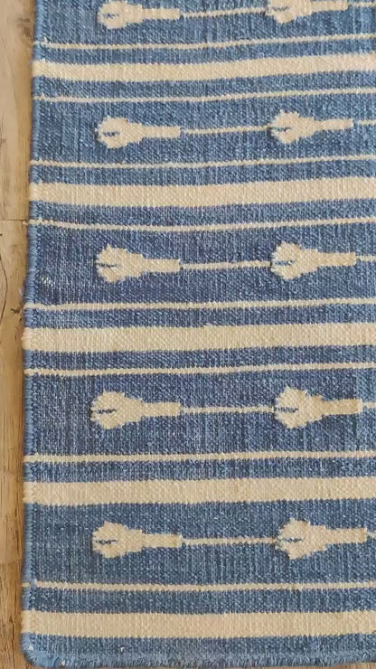 Blue Striped Handmade Kilim Woven Rug, Reversible Kilim Rug for Bedroom and Living Room