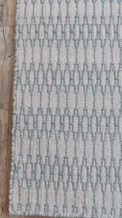 Modern Sage Green Geometric Pattern - Natural White & Aqua Handloom Carpet