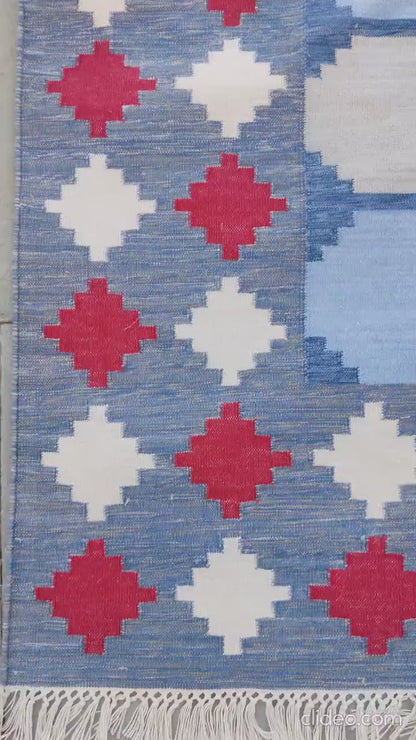 Vegetable Dyed Sky Blue and Terracotta Red Tile Patterned Gingham Dhurrie