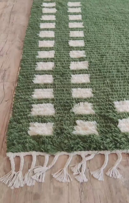 Moss Green Checker Border Modern Shaggy Area Carpet for Living Room