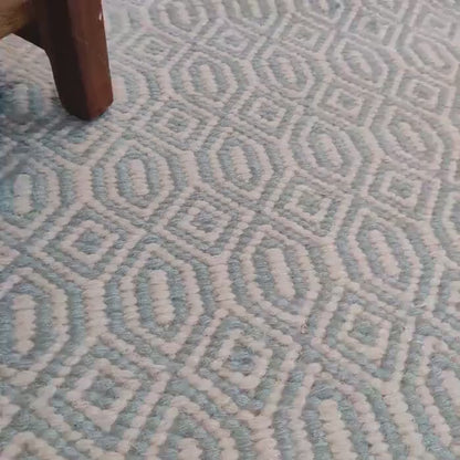 Hand-Woven Light Blue Diamond Trellis Wool Rug