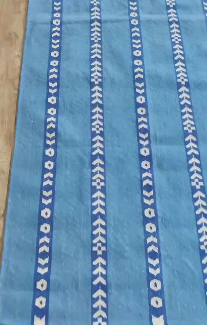 Bright Blue Vertical Stripe Cotton Flatweave Rug