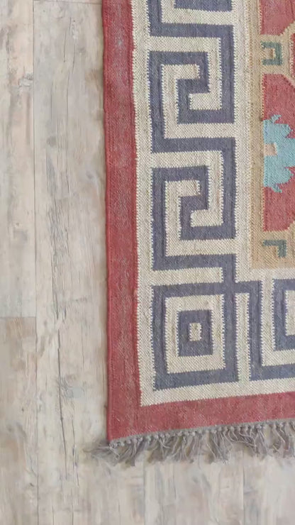 Hellenic Crimson Medallion Red Greek Key Border Kilim rug