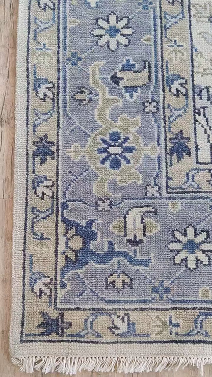 Periwinkle Mist Antique-Wash Floral Hand-Knotted Wool Rug